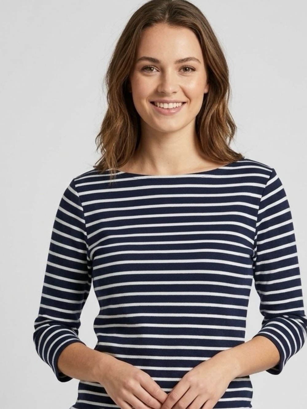 L.L. Bean Navy and White Striped Boatneck 3/4 Sleeve Sweater